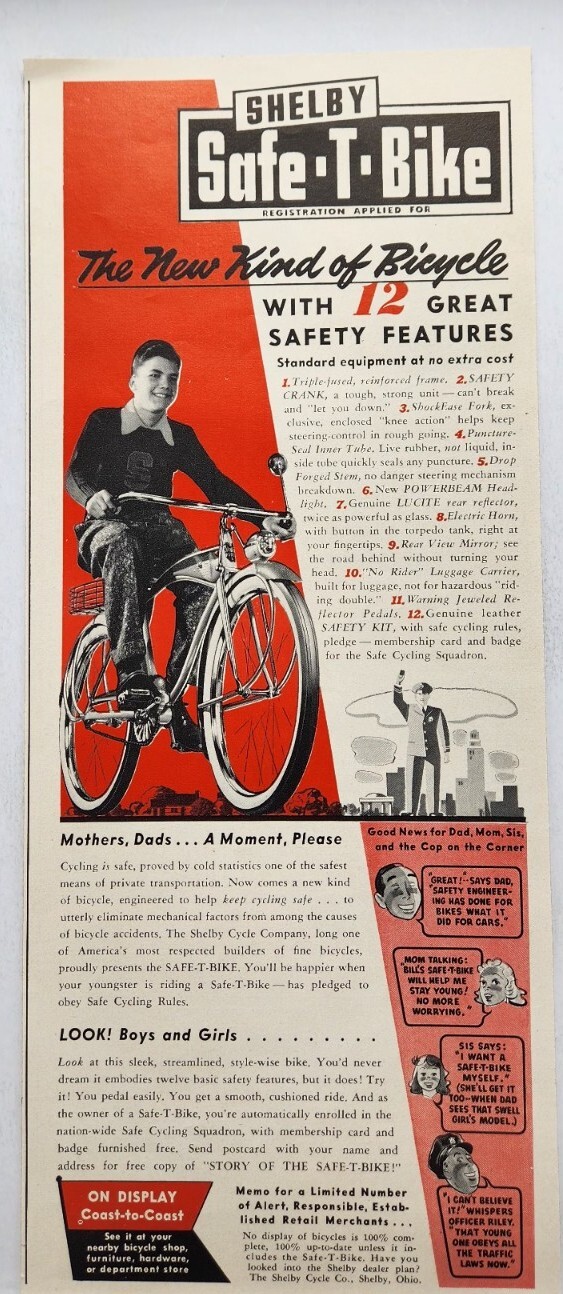 1941 Shelby Safe T Bike Bicycle Original Print Ad Life Magazine 40s Ohio