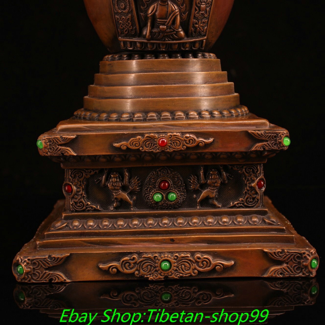 15.7'' Old Tibet Bronze Inlay Gems Shakyamuni Buddha Stupa Pagoda Tower Statue