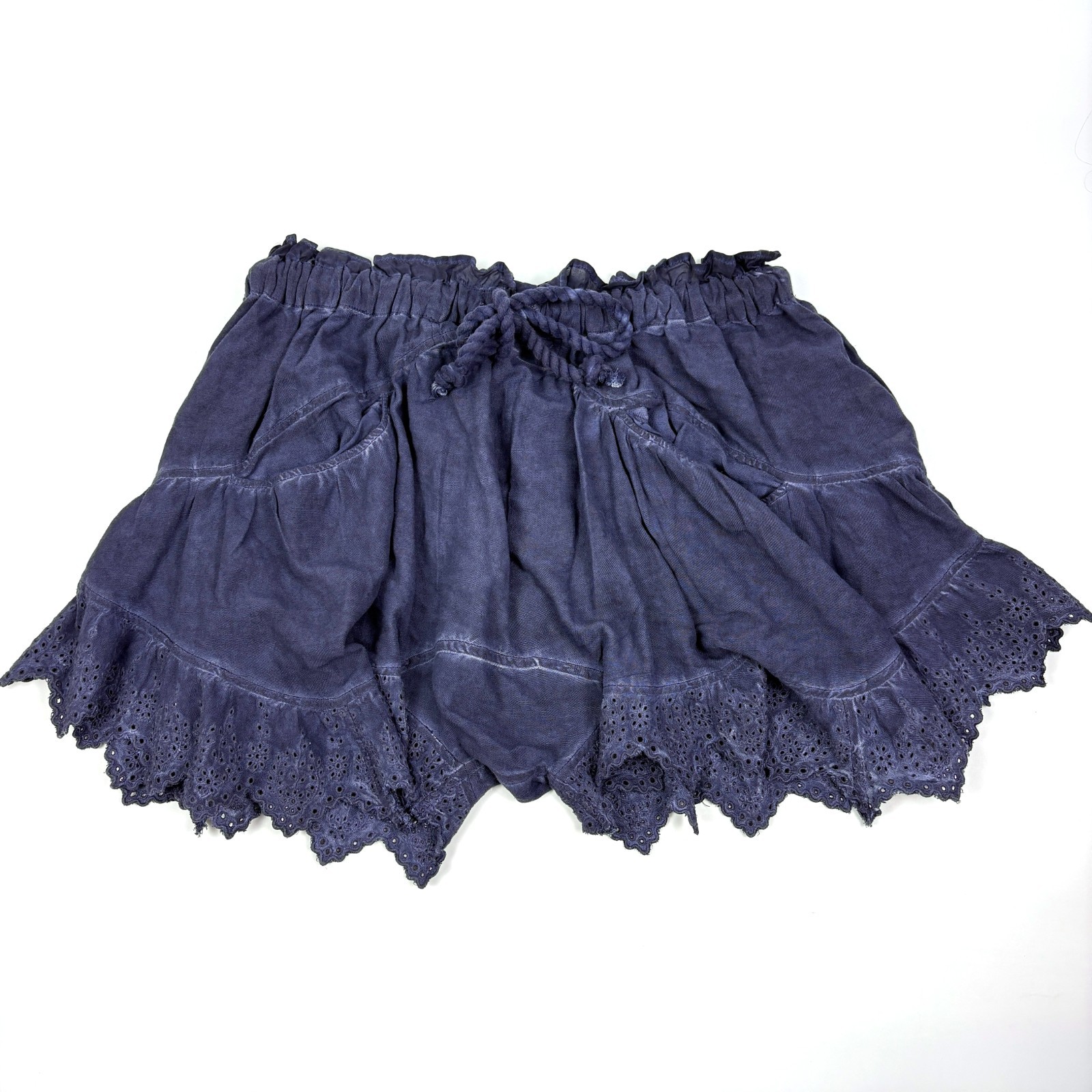 Free People Mariella Pull On Shorts Womens Sz S Navy Blue Eyelet Hem Rope Tie