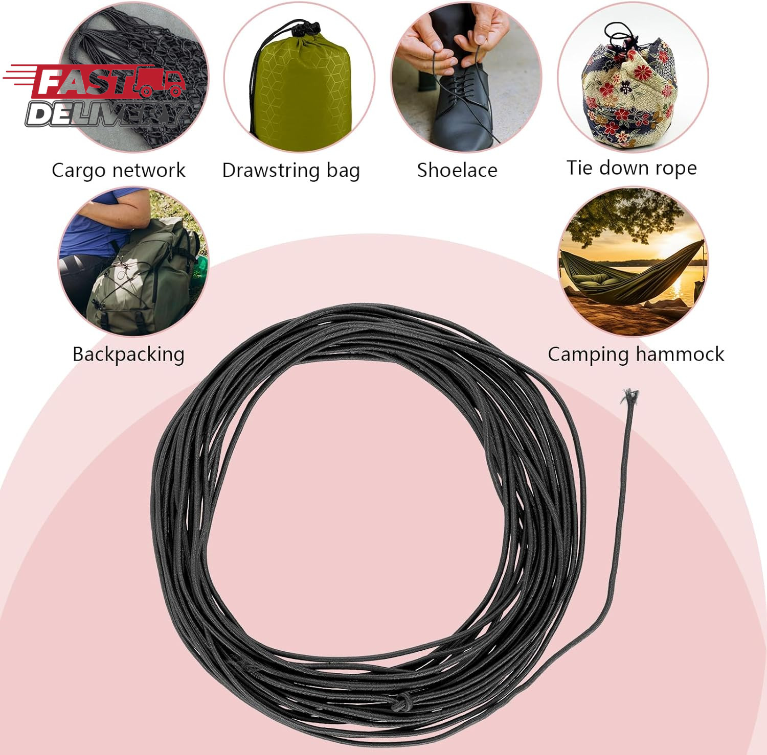 33Ft Long Kayak Bungee Cord 1/8 Inch Heavy-Duty Black Bungee Shock Cord Roll Ela