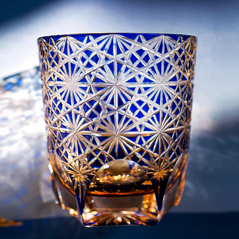 Edo Kiriko Crystal Whiskey Glasses Hand Cut To Clear Blue 9oz Gift Packing