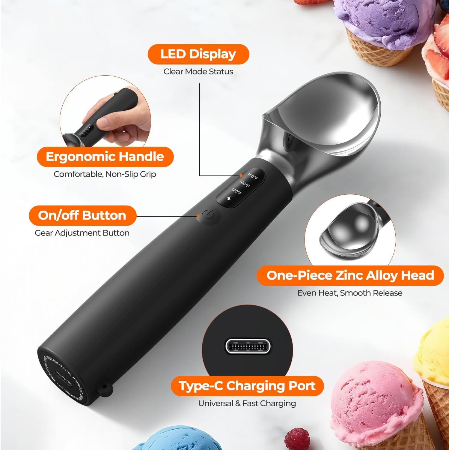 Heated Ice Cream Scoop with On/Off Switch - Electric Rechargeable Scooper with L