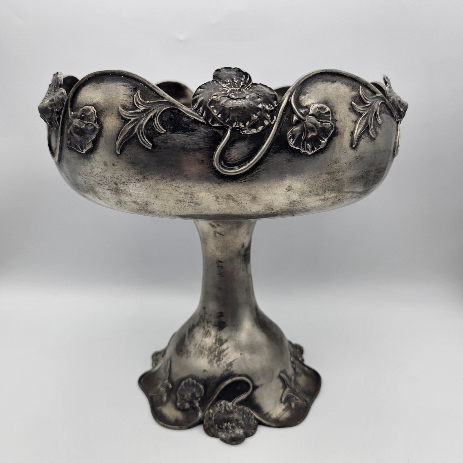 20th Century Art Nouveau Silverplate Pedestal Compote With Floral Relief
