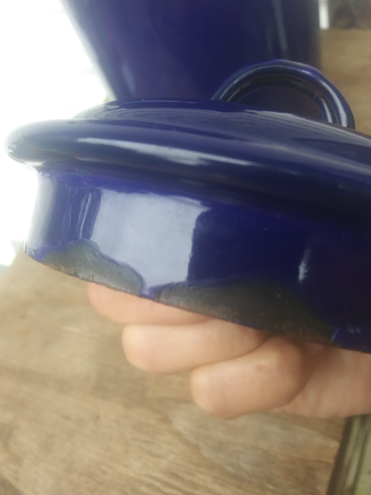 Vintage Blue Enamel White Inside Milk Pail w/Lid Wooden Handle Made in Holland