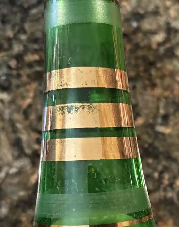 Borske Sklo Gold Banded Green Glass Decanter Mid Century Genie Jeannie Bottle
