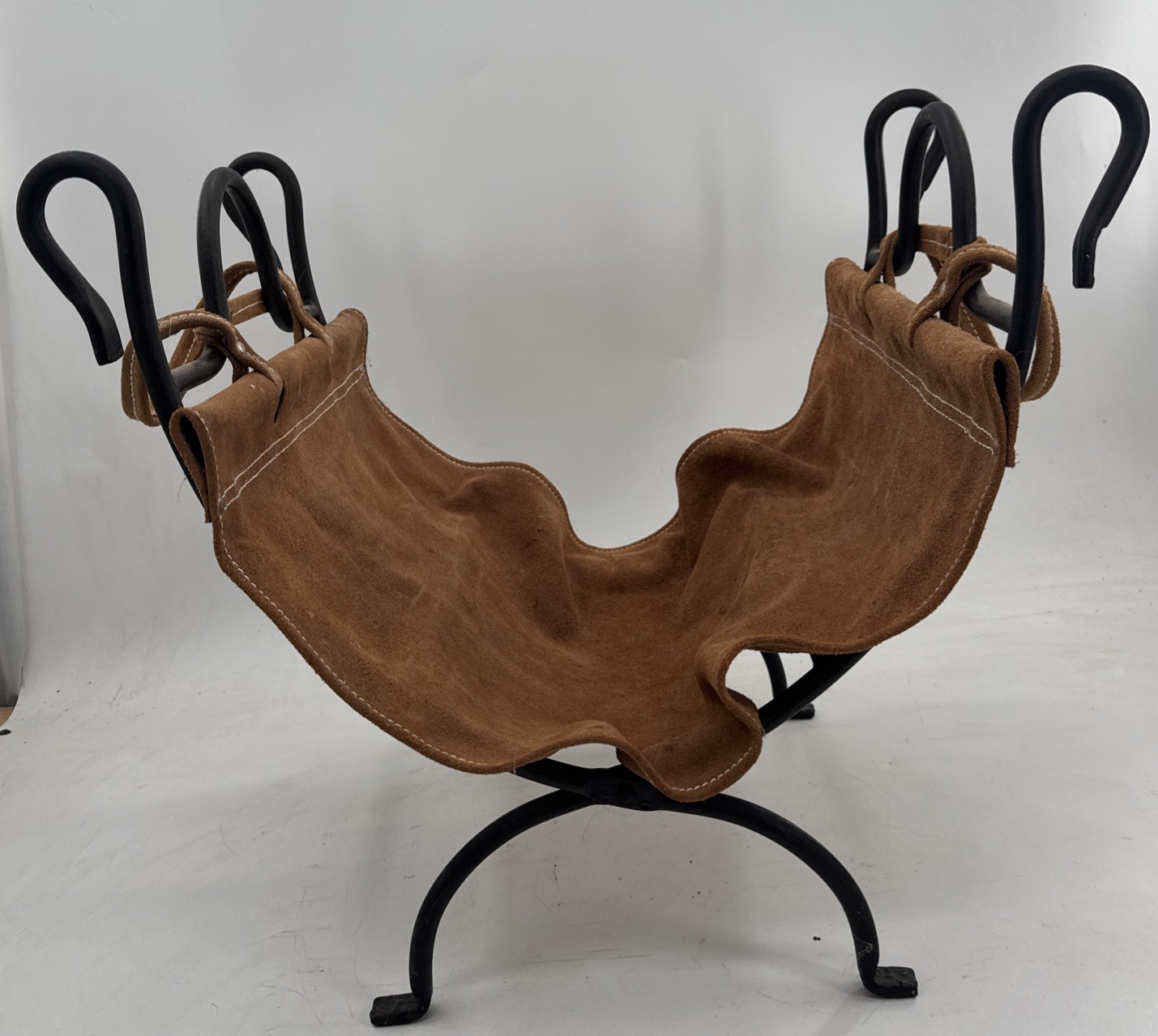 Vtg Firewood Log Carrier Rack Fireplace Wood Holder Suede Carrier Folding