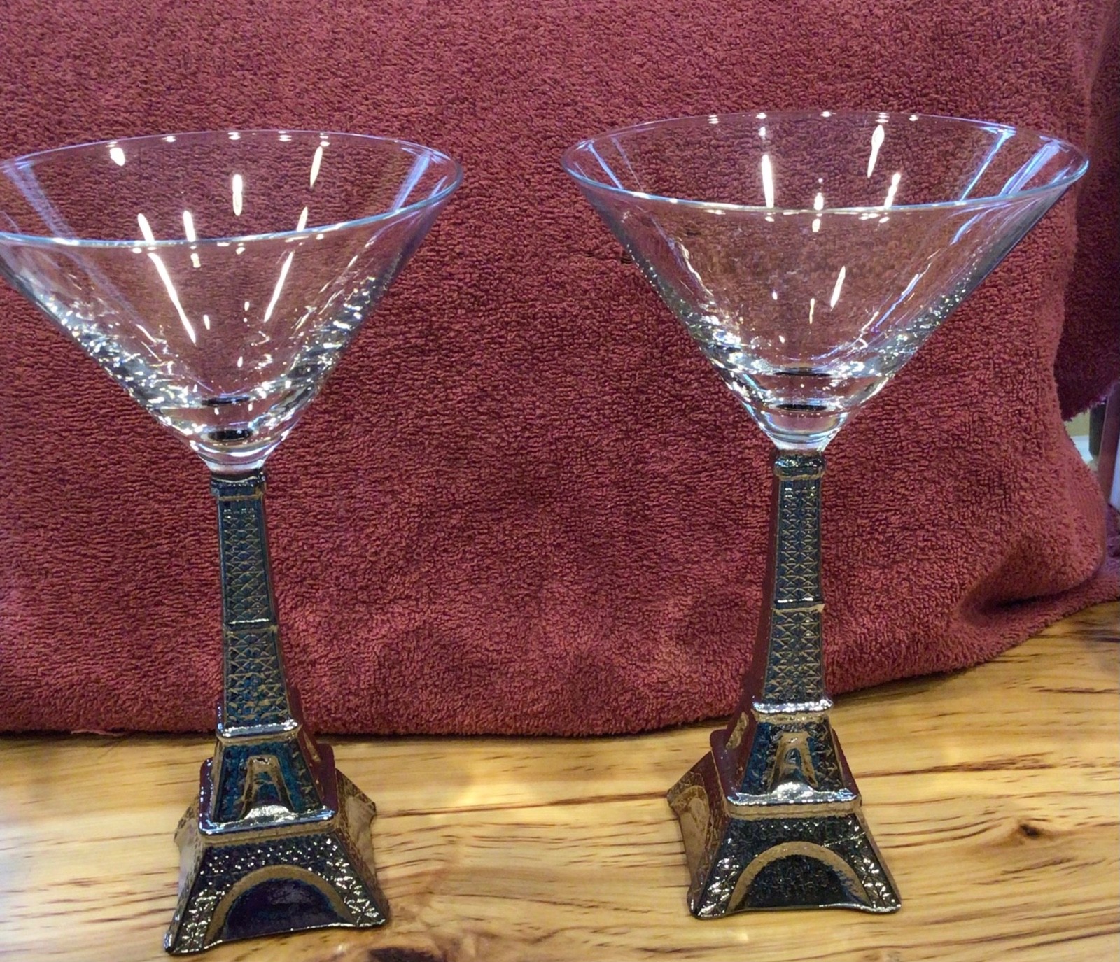 Eiffel Tower Martini Cocktail Glasses Sculpted Silver Stems 7.5” tall