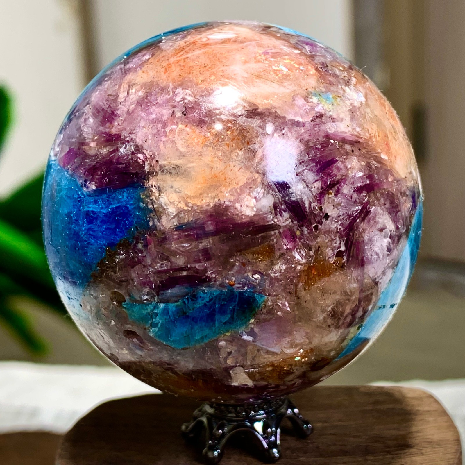 177G Natural Blue Aptite +Sun Stone purple lepidolite Sphere mineral sample