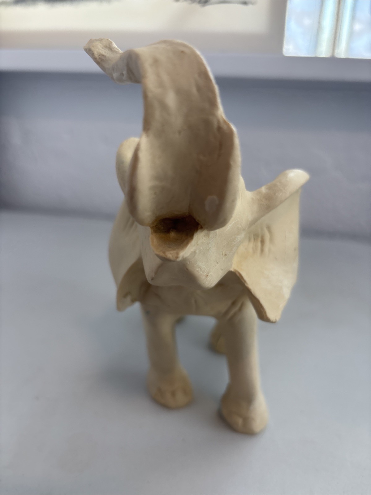 Elephant Figurine Trunk Up. White. Resin Or Alabaster? 1.2 Lbs