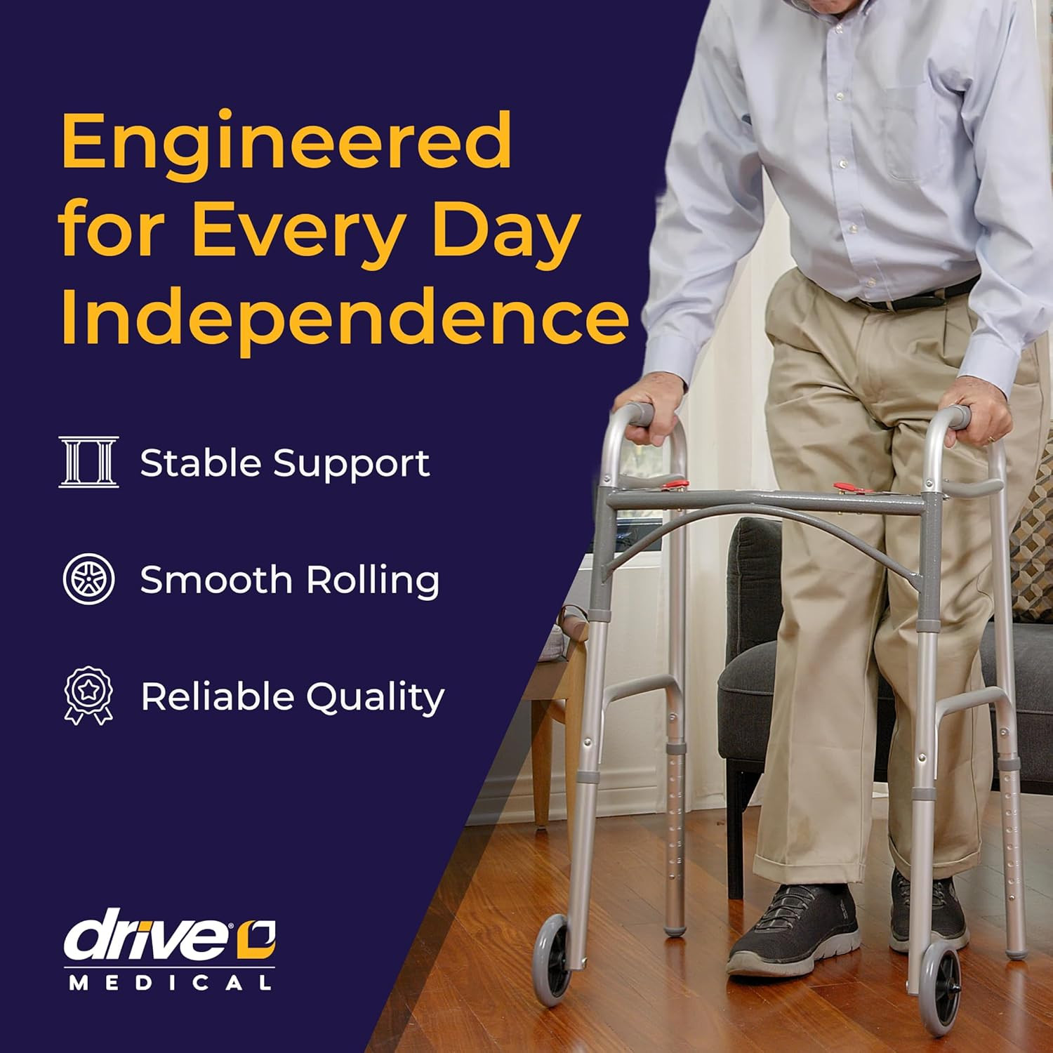 Drive Medical Two-Button Folding Walker w/ Wheels Desk Arms Dual Push 5in Silver