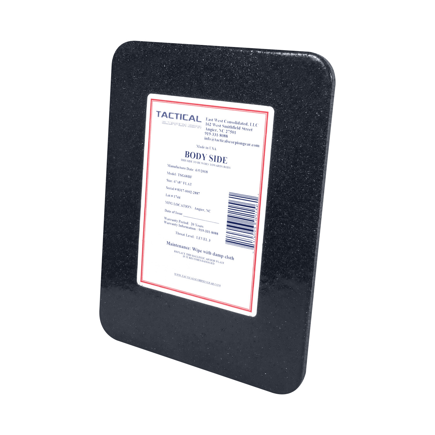 Tactical Scorpion Level III AR500 Steel Body Armor Pair 6x8 Flat Plate Coated