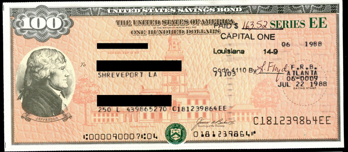 UNITED STATES $100 NICE VIGNETTE OF THOMAS JEFFERSON SAVINGS BOND - CANCELLED!