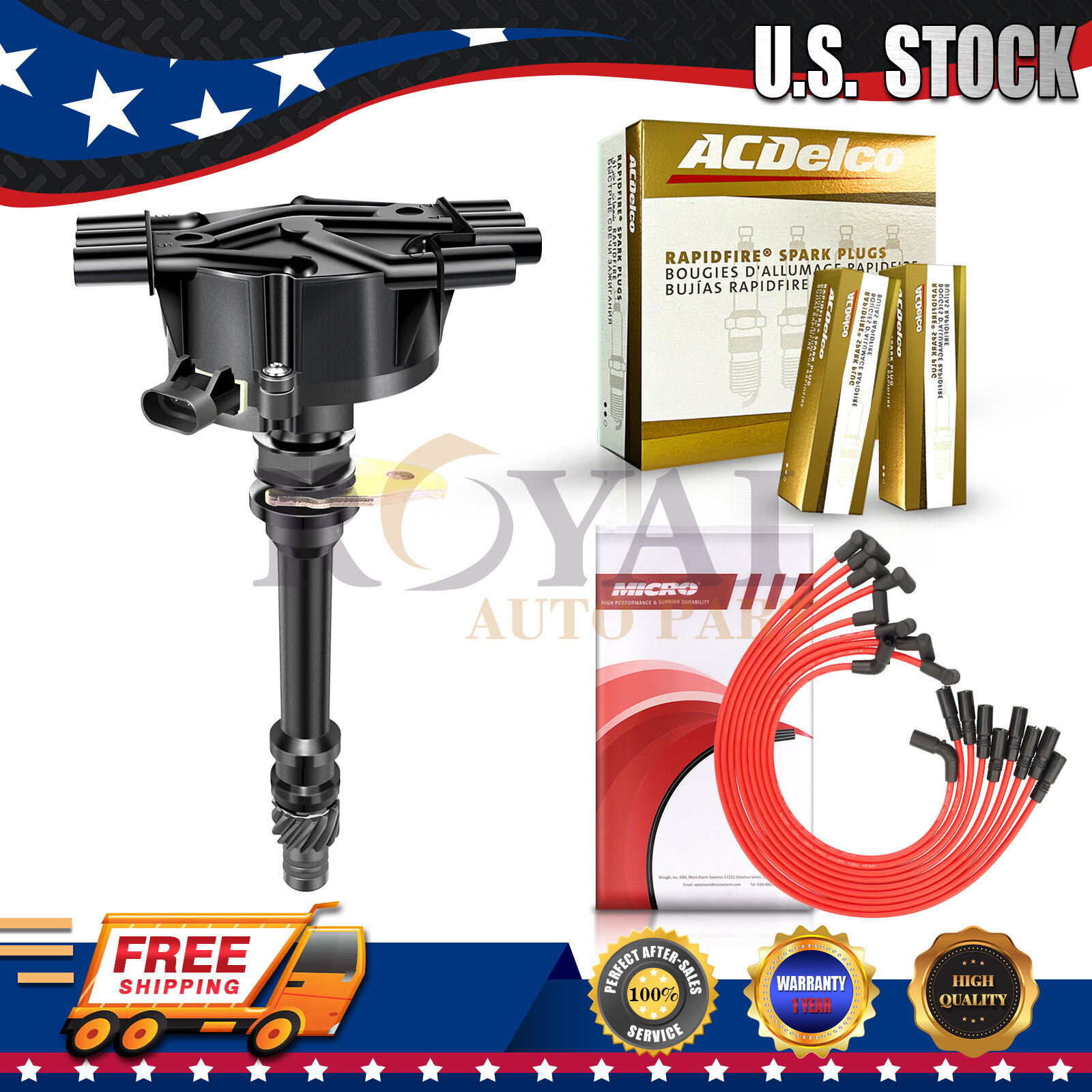 GM02 Distributor & ACDelco Spark Plugs & Wires for 96-05 Chevy GMC Truck 4.3L