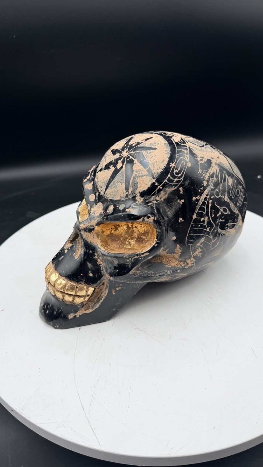 7 Kilo Guerrero Ancient Obsidian Crystal Skull Inlayed Gold Leaf Alien Ojuelos