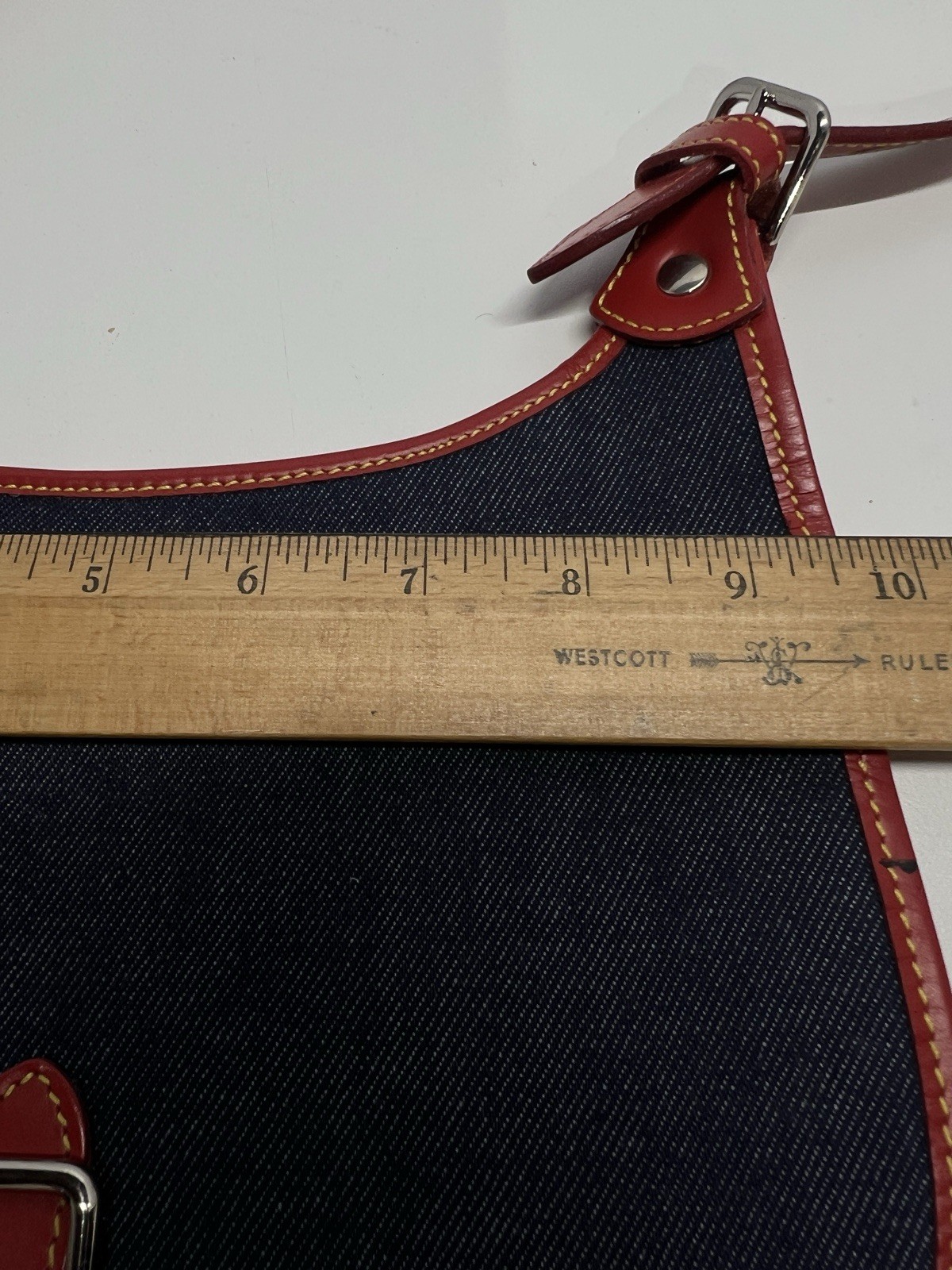 Vintage Dooney & Bourke Blue Denim Saddle Bag Red Leather Trim Messenger Handbag