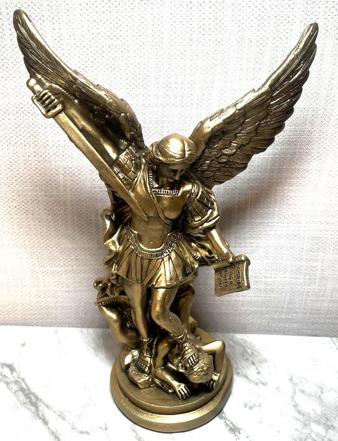 Angel Statue ARCHANGEL MICHAEL gold tone STOMPING DEMON standing SWORD book NEW