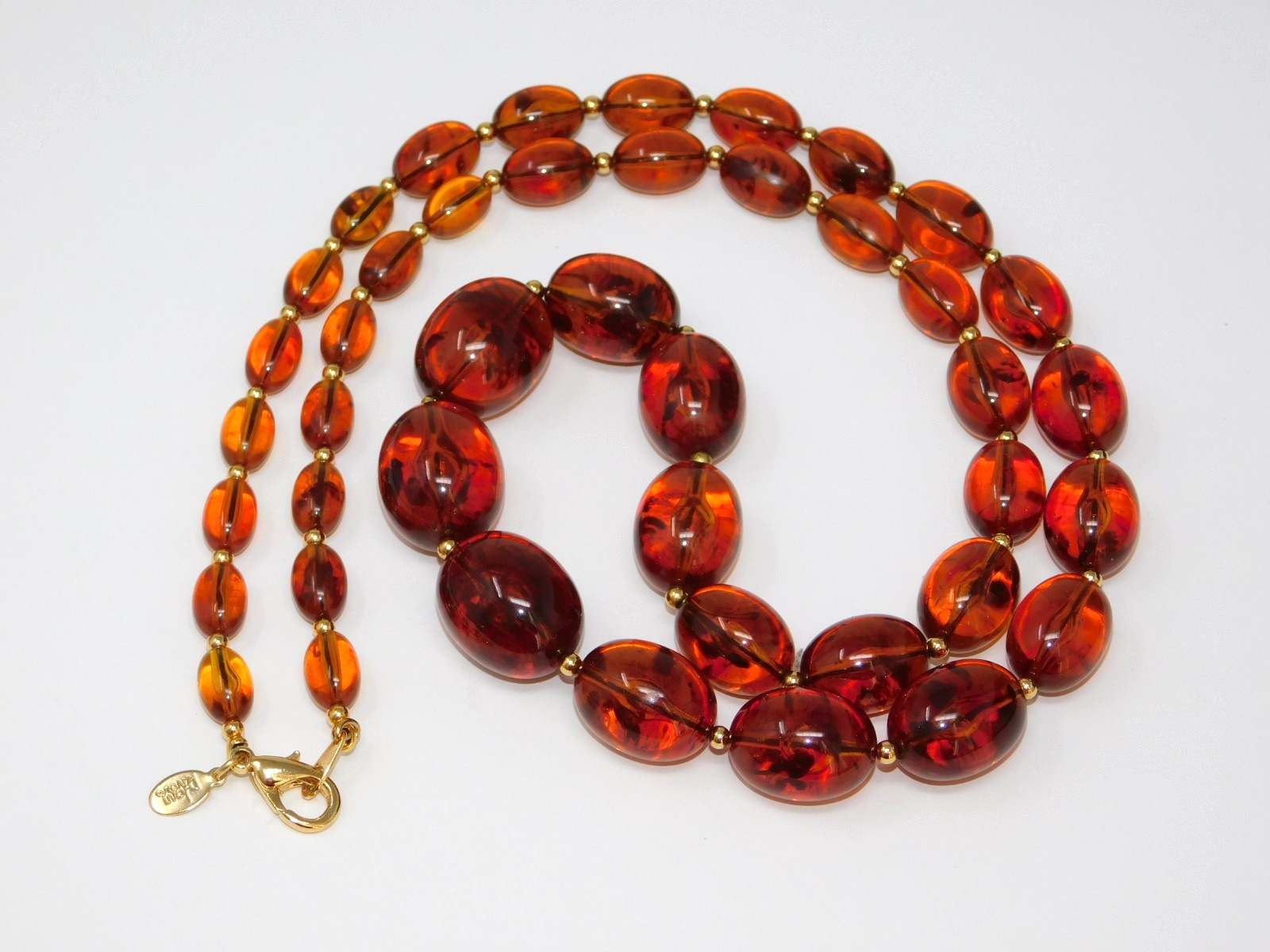 Vtg JOAN RIVERS Faux Amber Lucite Graduated Bead Necklace w/ Gold Tone Spacers