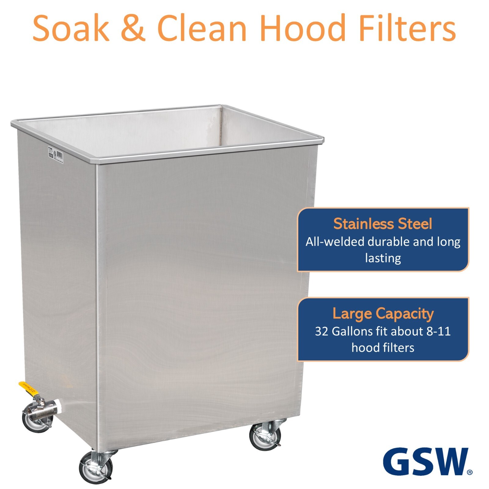 GSW FF-TANK Stainless Steel Restaurant Soak Clean Grease Hood Filter Tank w/ Lid