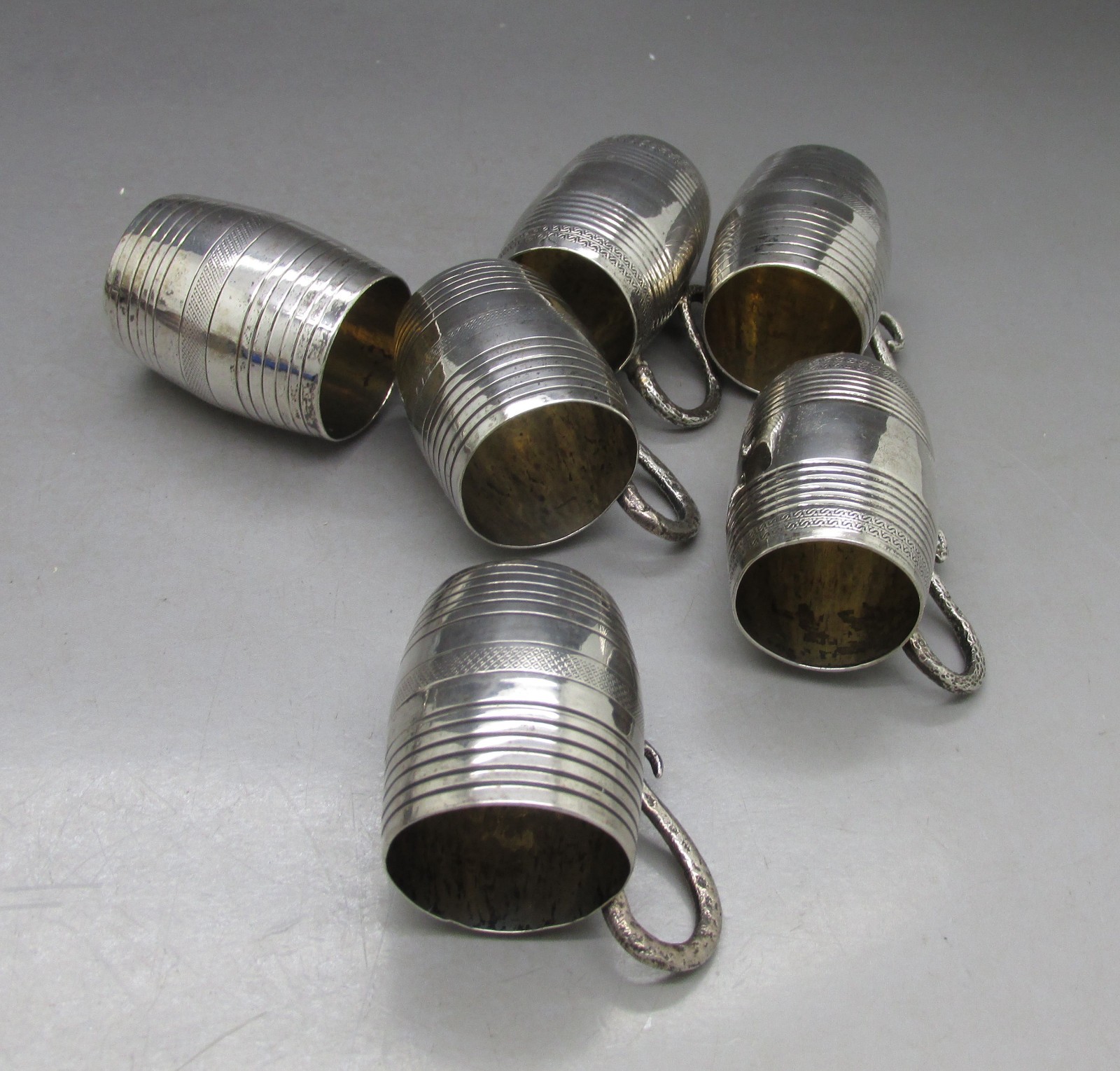 ANTIQUE RARE SET 6 SOLID SILVER TOT CUPS-KINGDOM OF TWO SICILIES 4CM 130g c1840