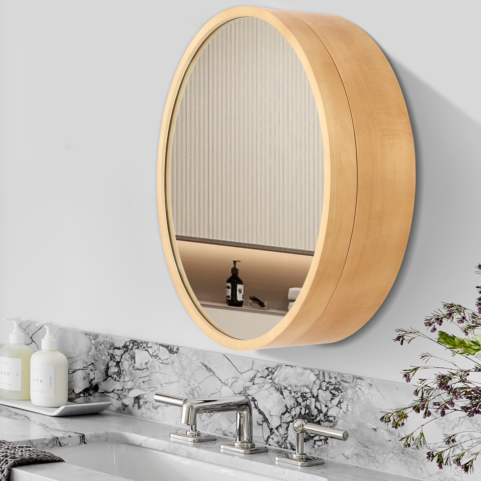 Mirror Cabinet Round Bathroom Mirror Cabinet with Hidden Storage Wall-mounted