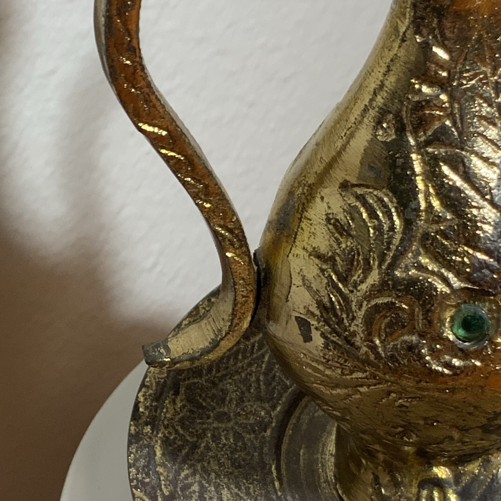 Vintage India Brass Mini Ewer Jeweled Saucer Broken Lid Middle Eastern Decor