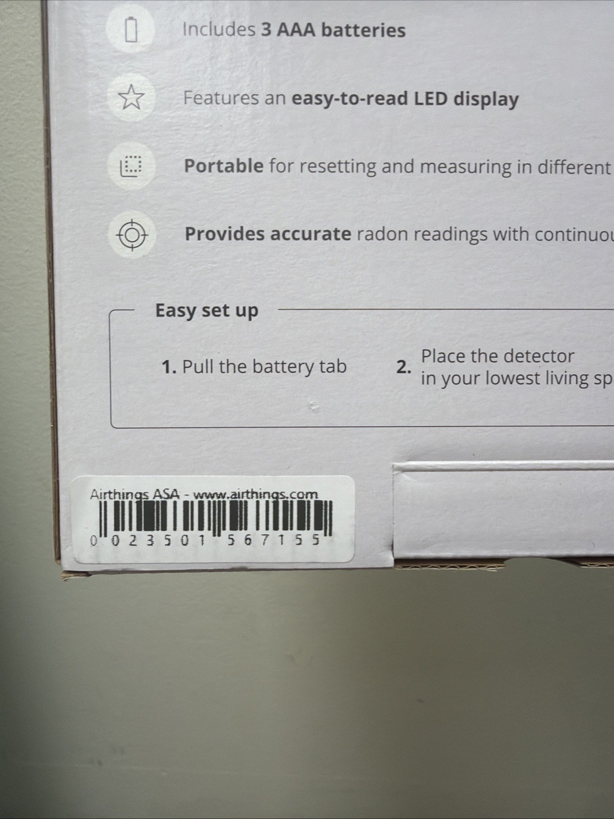 Airthings Battery Operated Digital Radon Detector 2350