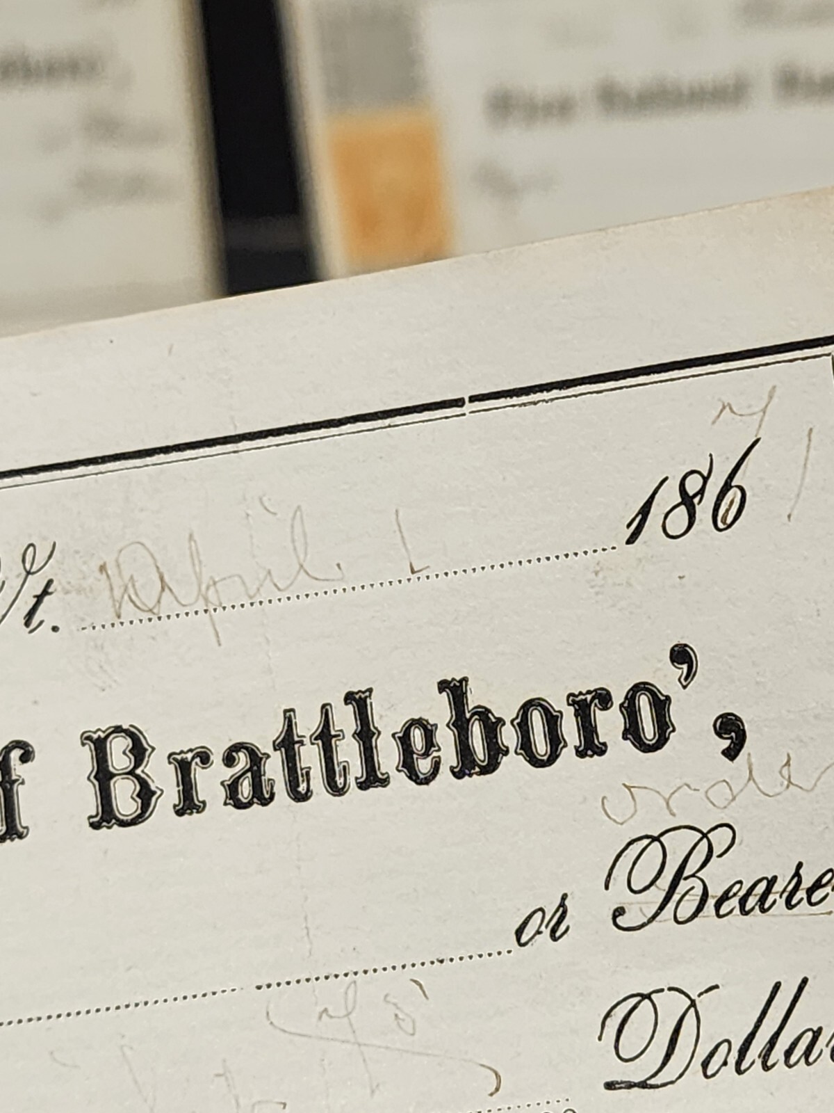 LOT OF 7- Antique Civil War Era Bank Checks w/Stamps BATTLEBORO VERMONT