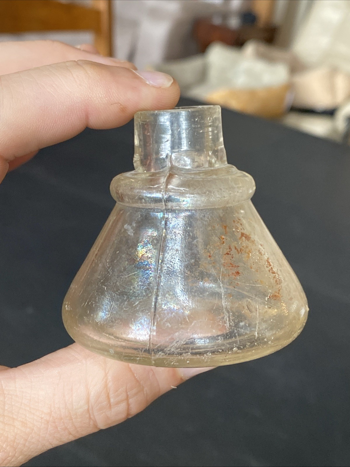 Antique Iridescent Clear Sheered Lip Cone Ring Shoulder 19th C Ink Well Bottle