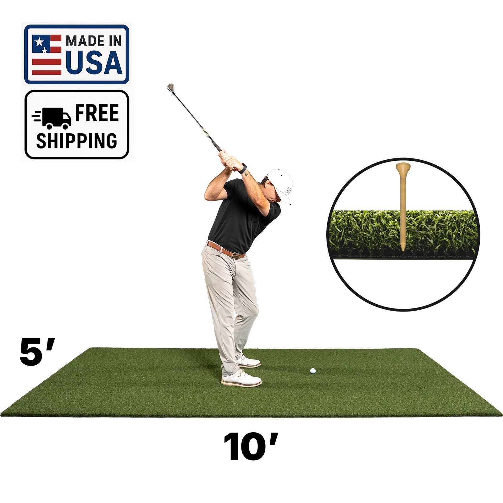 USA-Made 5'x10' Nylon 1" Turf Golf Hitting Mat | Holds Real Wood Tee Rubber Tee