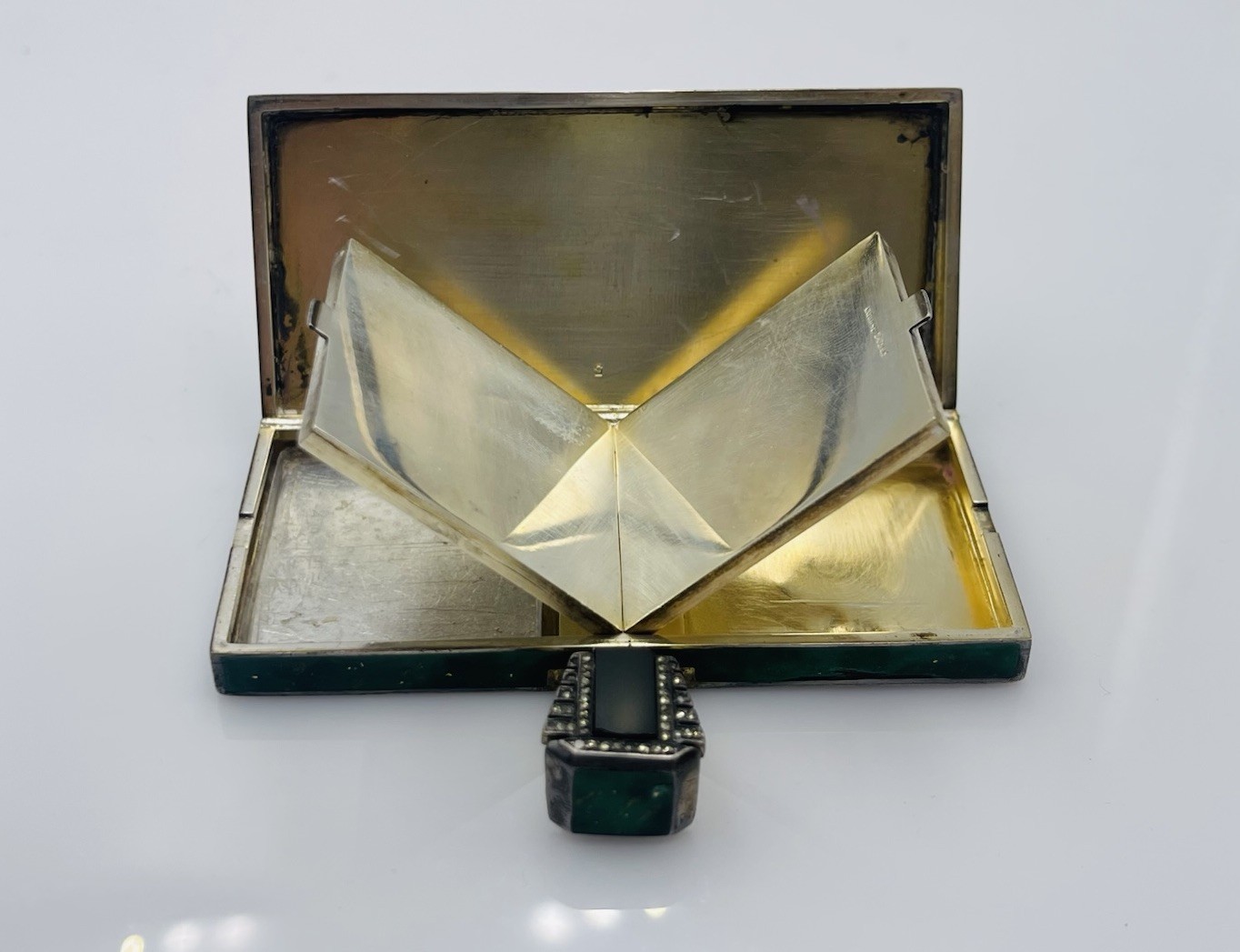 Antique Sterling Silver Green Enamel Rectangular Double Compartment Compact