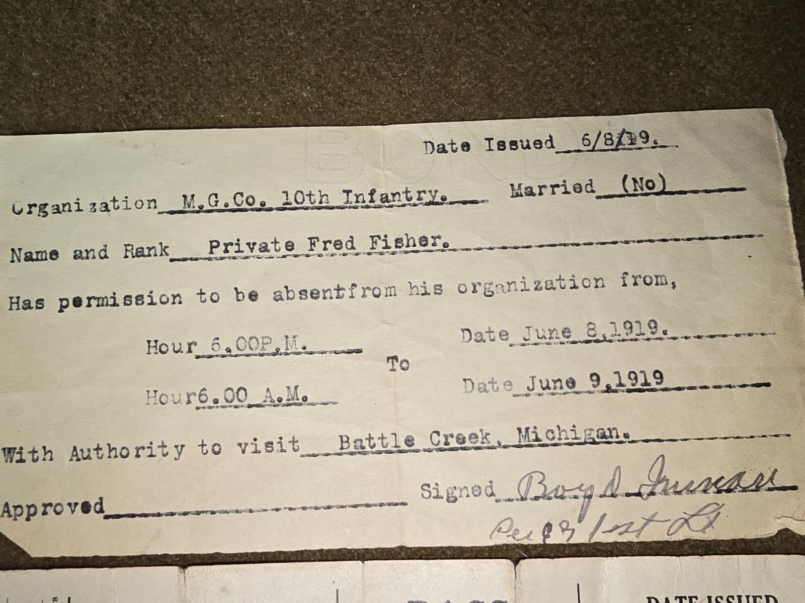 WWI US Army Passes named to Private Fred Fisher Dated 1919