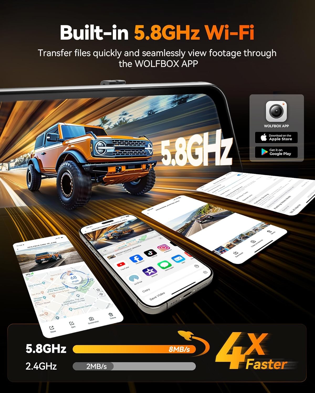 WOLFBOX 3 Channel G900 Tripro 4K Dash Cam Cabin STARVIS 2 IMX678, Wifi & GPS