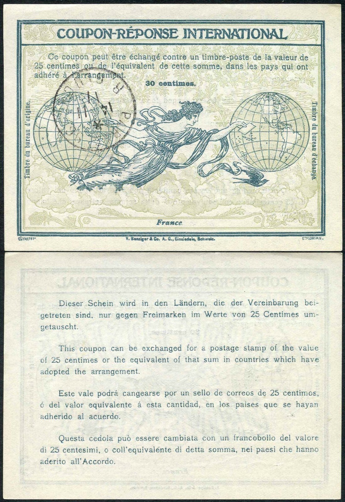 FRANCE REPLY PAID COUPON IRC 1917 RUE GLUGY 30c VERY FINE