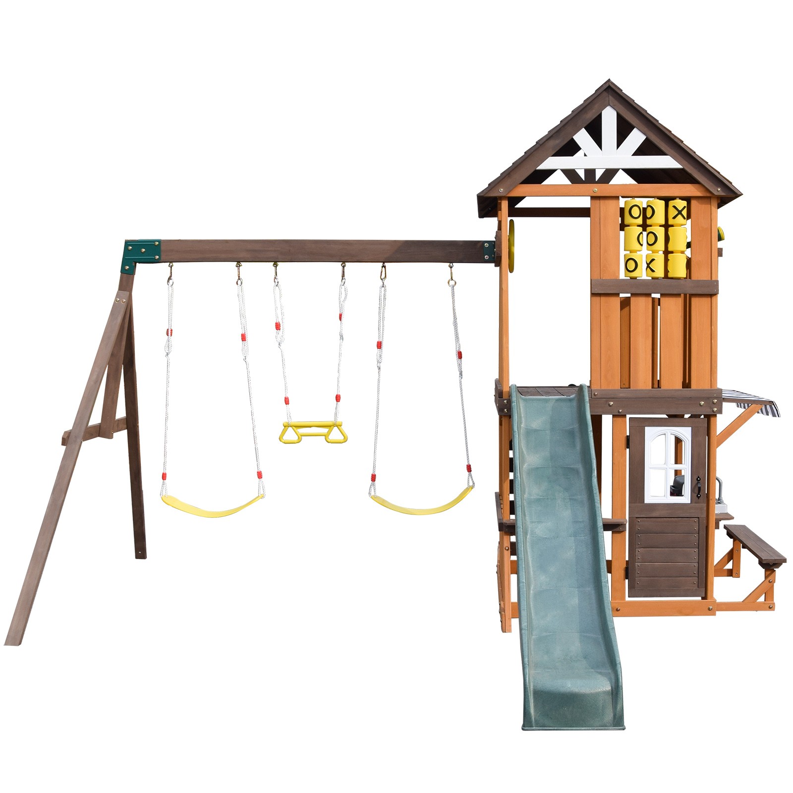 Large Wooden Kids Swing Slide Set Playhouse Kitchen,Rock Wall Outdoor Playground