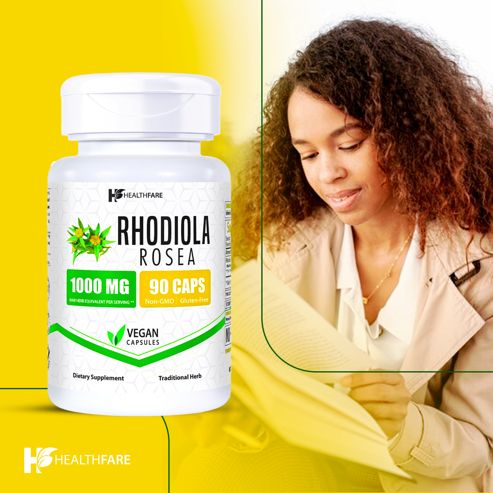 Healthfare Rhodiola Rosea Capsules 1000mg Equivalent | 90 Vegan Capsules