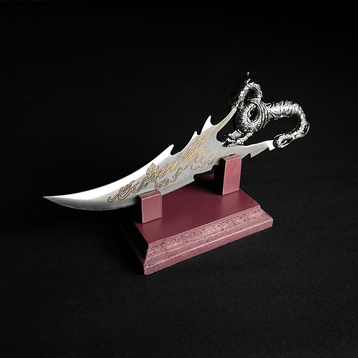 7.5" Fantasy Dragon Knife with Wood Display Stand, Silver