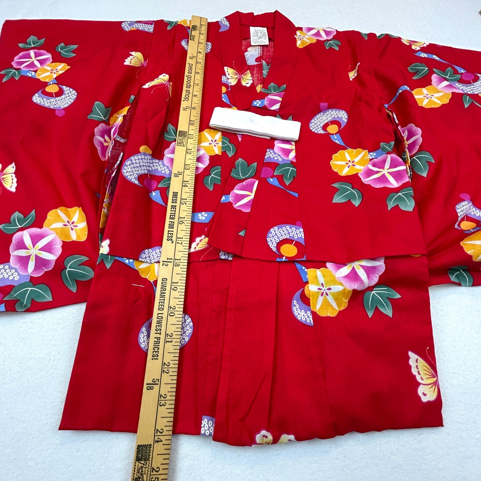 Japanese Summer Yukata Kimono Girls 32”L Red Floral Butterfly New 100% Cotton