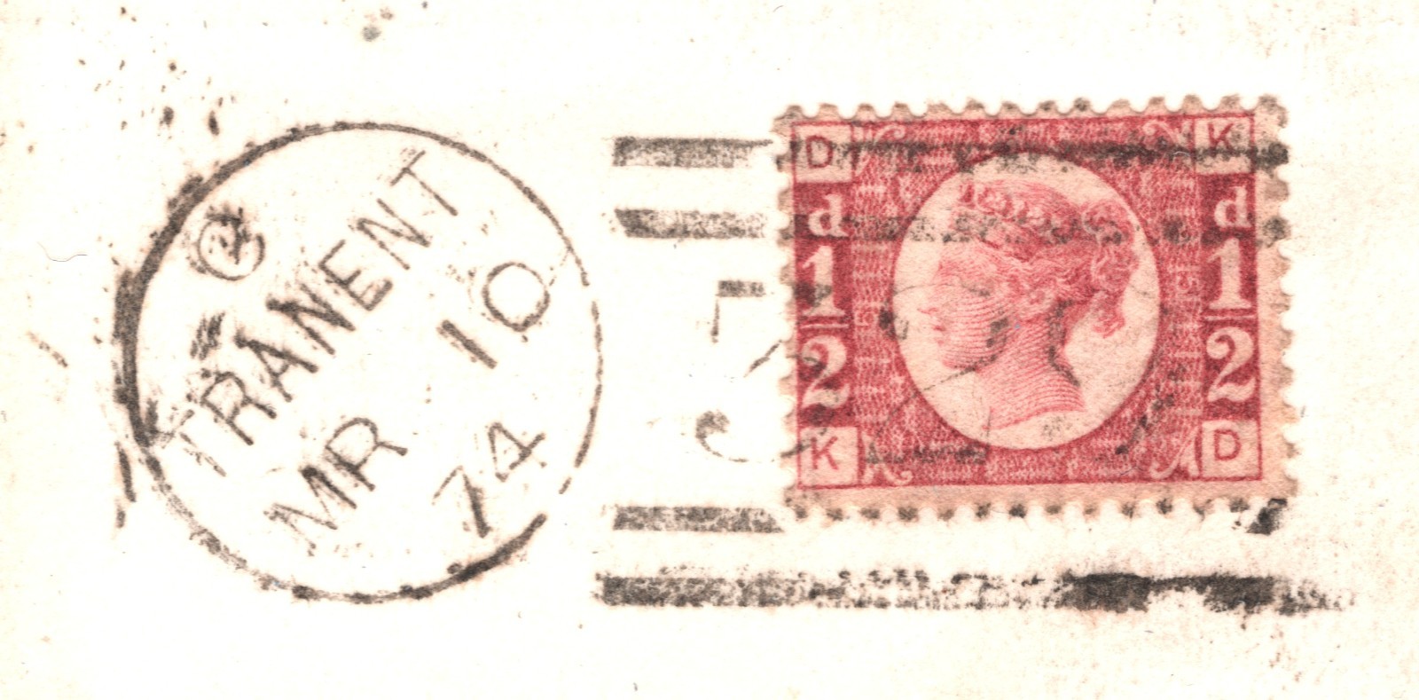 GB QV BANTAM ½d Plate 5 (KD) Cover TRANENT Duplex Haddingtons 1874 Edinr XB51