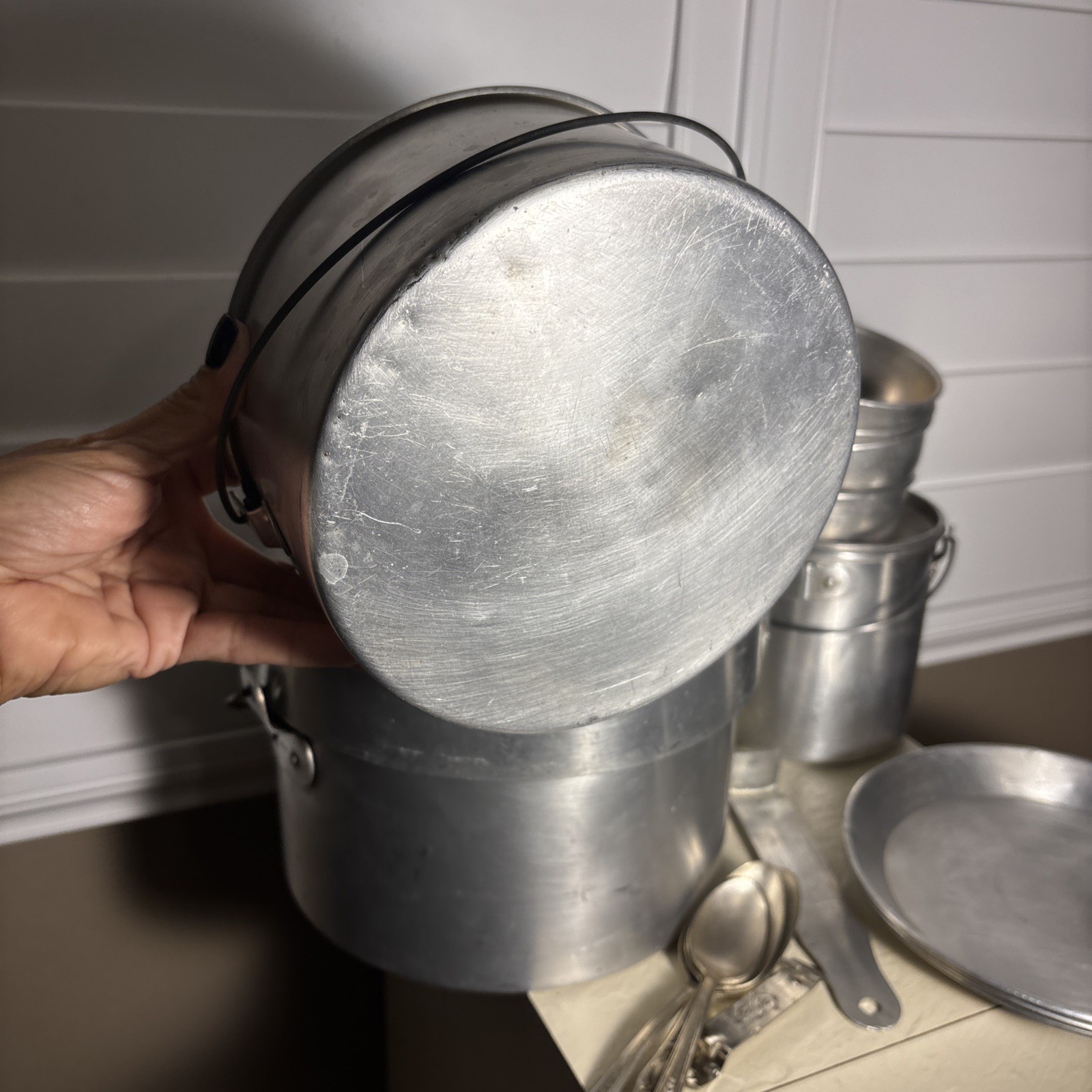 Vintage Aluminum Nesting Camping Mess Set Cooking Pots Plates Cups Set 4 Japan