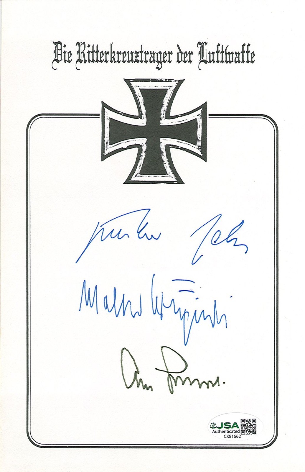 WWII GERMAN ACES MULTI SIGNED BOOKPLATE JSA RALL GALLAND KRUPINSKI X3