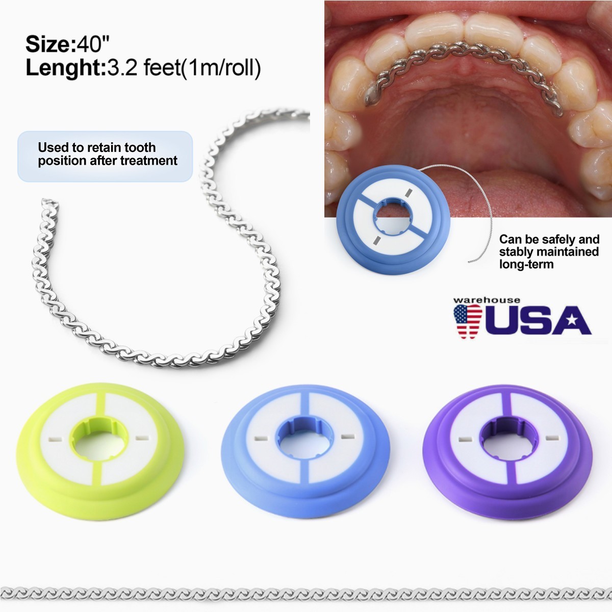 AZDENT Dental Orthodontic Stainless Steel Retainer Chain Wire 40"