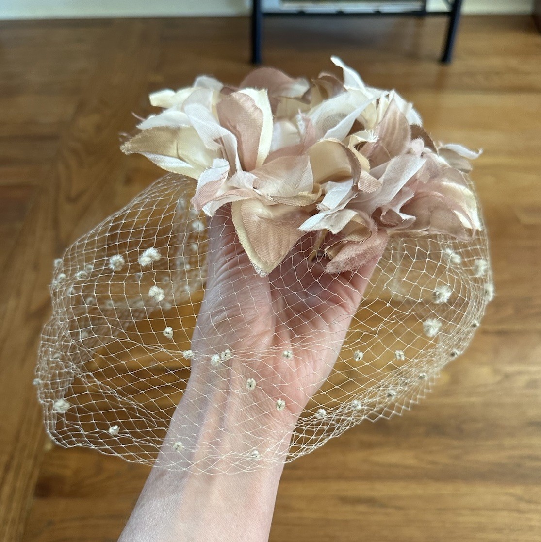 Vintage 60s floral fascinator headpiece Hat Netting Kentucky Derby Dusty Rose