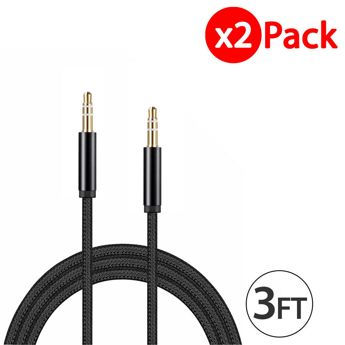 2x 3.5mm Braided Male to Male Stereo Audio AUX Cable Cord for PC iPod CAR iPhone