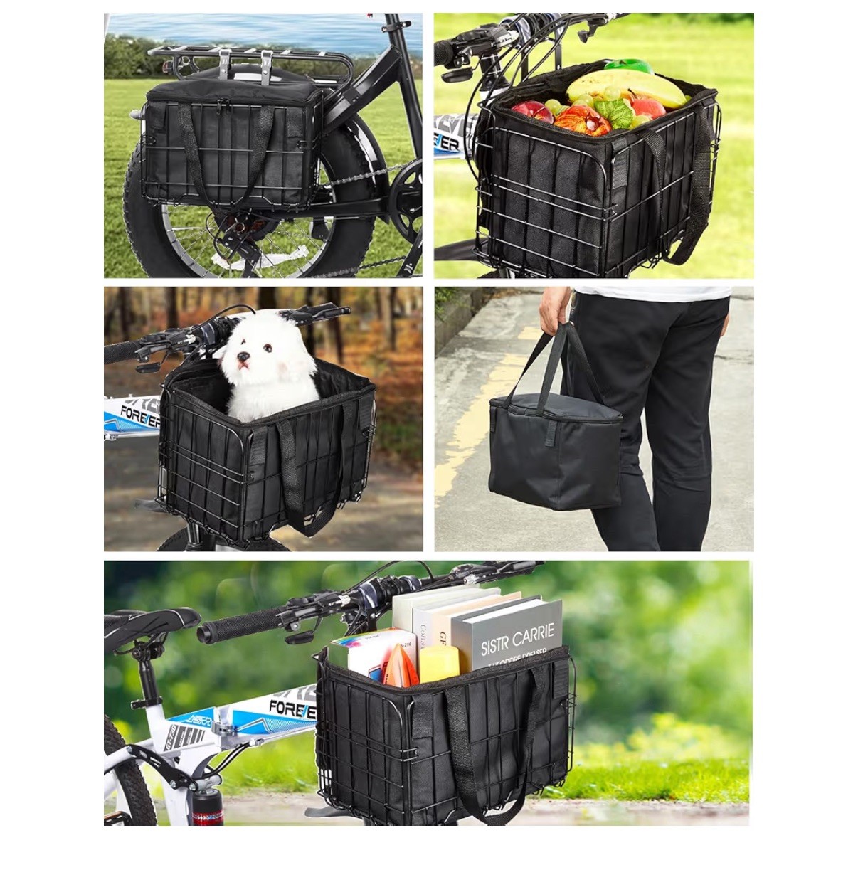Bike Basket Front Folding Bicycle Basket with Removable Liner Bag, Quick Release