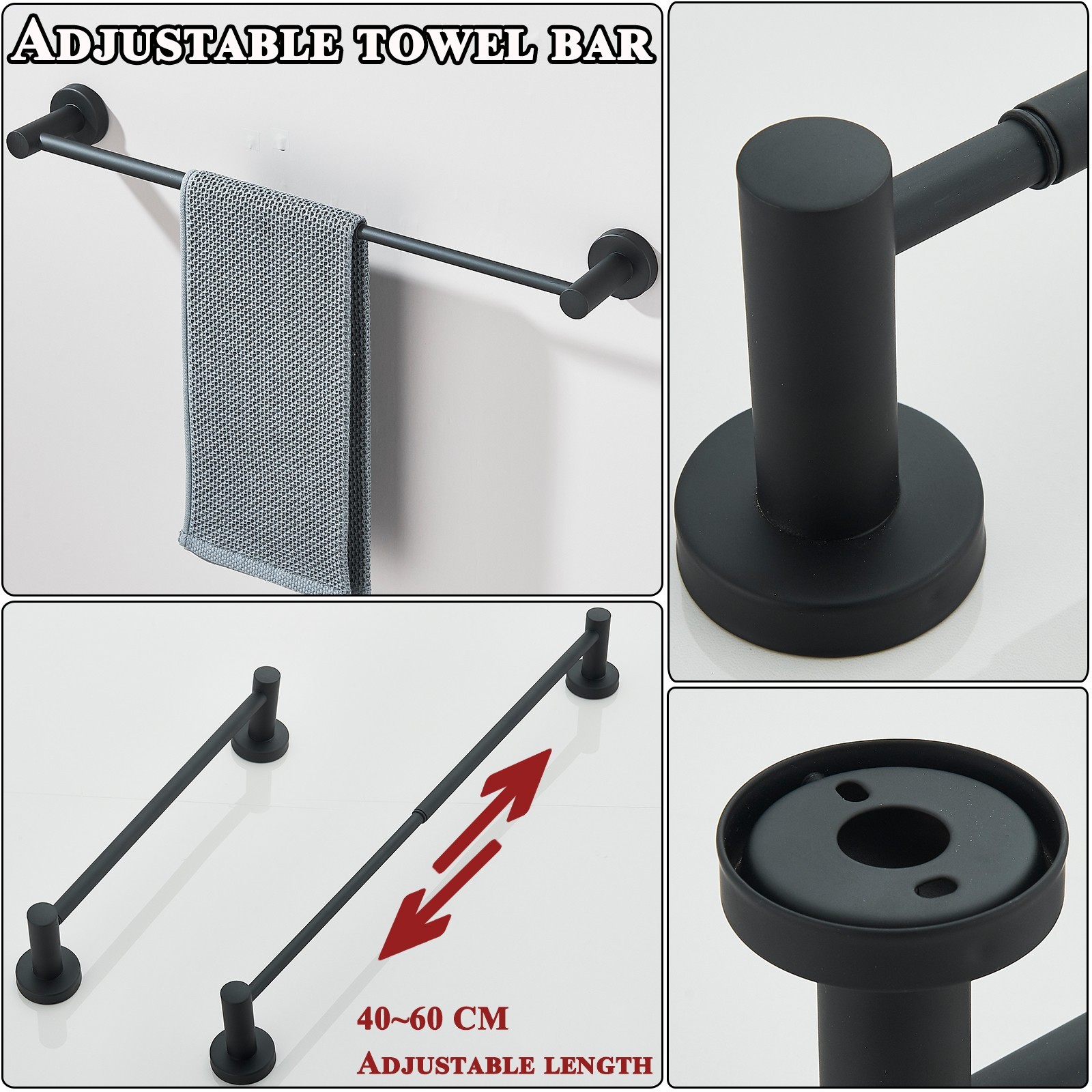 6 Pcs Black Bathroom Hardware Set Stainless Steel Towel Bar Towel Racks Hooks