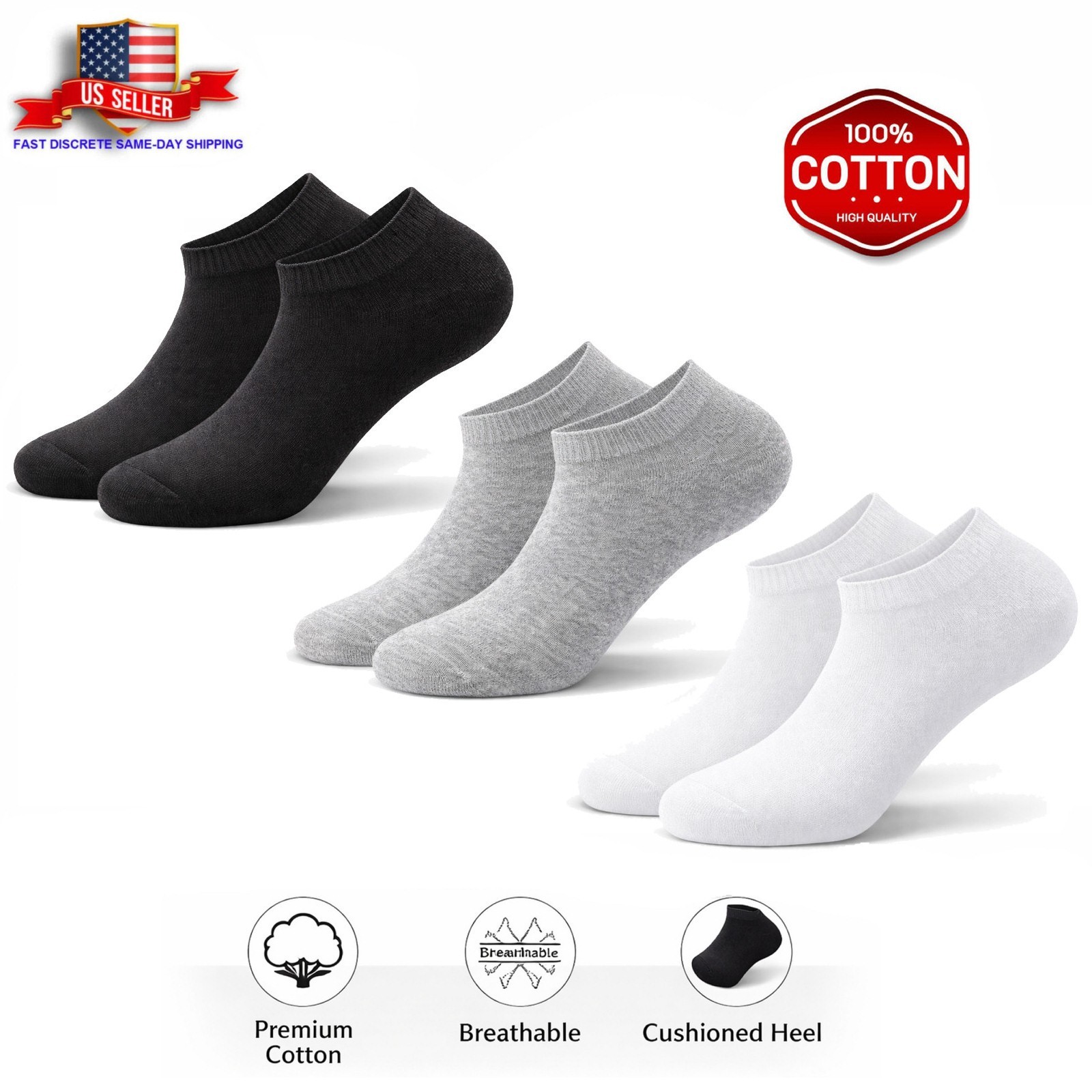 3 / 6 / 9 Pairs Cotton Men / Women Ankle Sock - Size 8-12 USA SAMEDAY SHIPPING