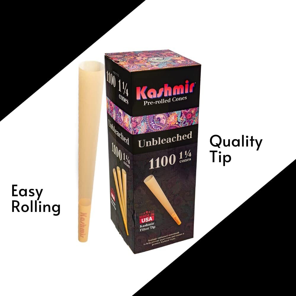 Pre Rolled Cones 1 1/4 Size Bulk 1100 Unbleached Rolling Paper Cones by Kashmir