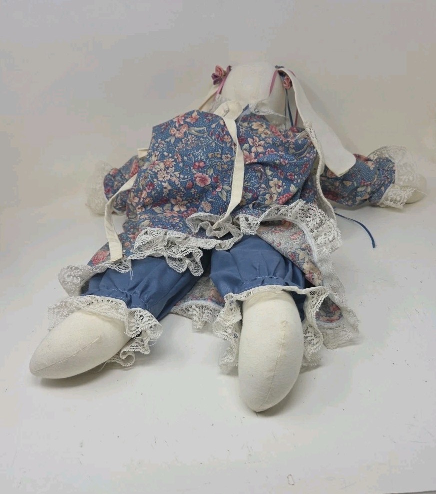 Vintage Handmade 19” Easter Bunny Rabbit Doll Flowers Floral Lace Dress & Apron