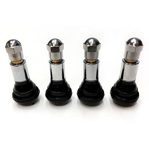 TR413 SNAP-IN TIRE VALVE STEMS WITH CAPS CHROME BLACK RUBBER (4pcs)