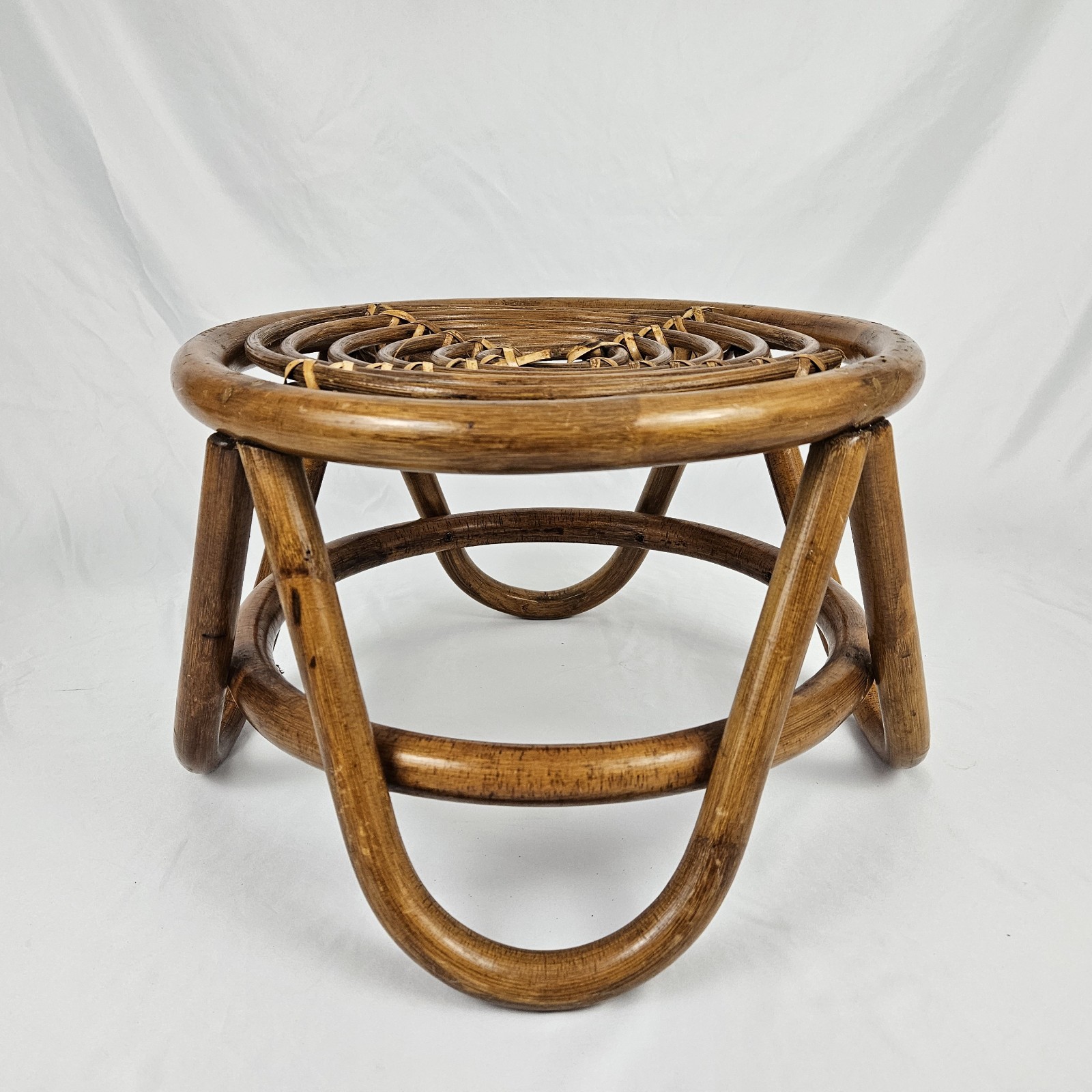 Vintage Rattan Footstool Ottoman Plant Stand Bent Bamboo Boho Mid-Century Modern